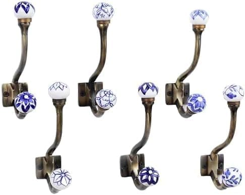 Indian Shelf Pack of 12 Heavy Duty Decorative Double Hooks for Hanging Blue White Unique Coat Hooks Vintage Coat Rack Wall Mount Double Prong Wall Hooks Towel Holder Backpack Purse Hanger- Style 17