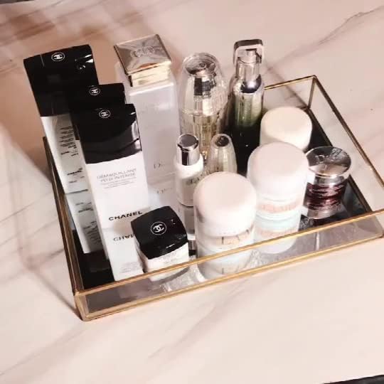 Sooyee Rectangle Mirror Decorative Tray, Gold can Hold Perfume, Jewelry, Cosmetics, Makeup, Magazine and More, for Vanity,Dresser,Bathroom,Bedroom(12âx8â)