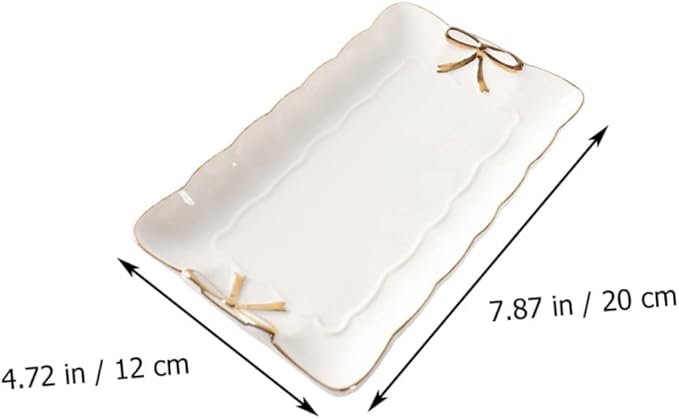 Ceramic Jewelry Tray with Bow Accent 7.87X4.72 Inch Rectangular Jewelry Dish Organizer for Home Countertop Storage and Cosmetics Accessories