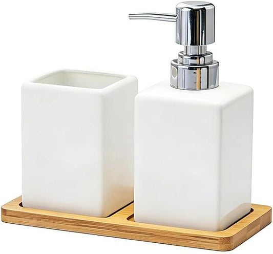 White Soap Dispenser and Toothbrush Holder with Tray,Ceramic Bathroom Accessories Set Modern Square Countertop Bath Set,Liquid Soap Dispenser,Tumbler Cup,Wooden Vanity Tray