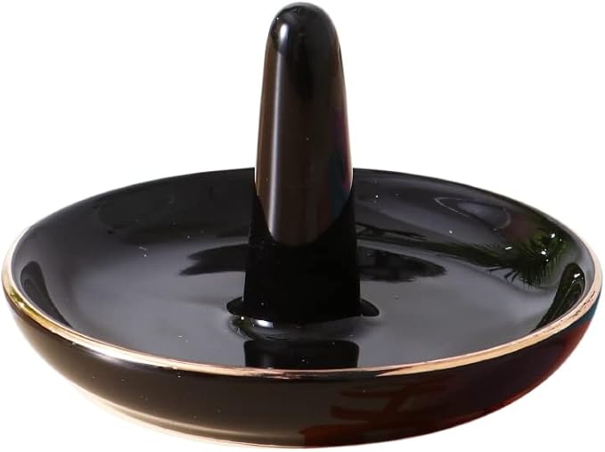 oskas Black Round Ring Tray Holder, Decorative Porcelain Ornament Jewelry Tray for Rings, Earrings, Necklaces, 4 Inch, Engagement Wedding Birthday Mother's Day Christmas Gift, Ceramic