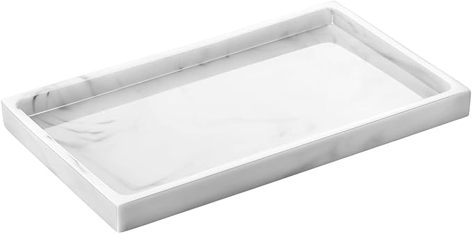 Emibele Bathroom Tray, Resin Countertop Vanity Tray Jewelry Storage Dresser Tray Kitchen Toilet Tank Tray Organizer for Candle Plant Perfume Shampoo Towel Home Decor, Medium, Marble White