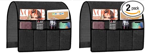 Iwtmm Armrest Caddy Organizer Storage Holder for Couch Sofa Armchair Fit Magazine, Reading Glasses, Books, TV Remote Control, Cell Phone, iPad, 19x35 Inches, Black (Pack of 2)