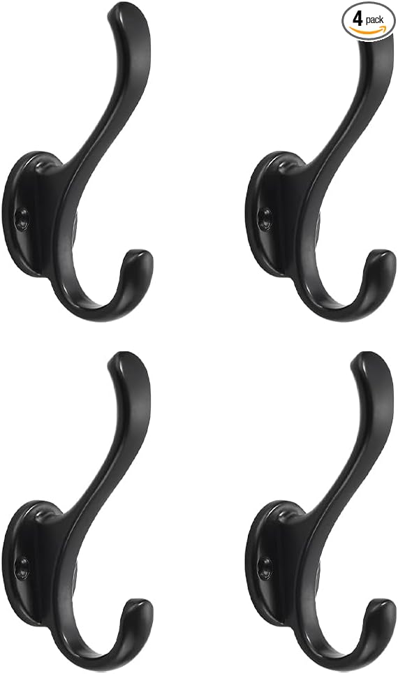 khtumeware 4 Pack Black Coat Hooks Wall Mount Heavy Duty Utility Retro Double Hooks for Hanging Coats,Hat, Towel, Key, Robe, Scarf, Bag, Cap (Black)