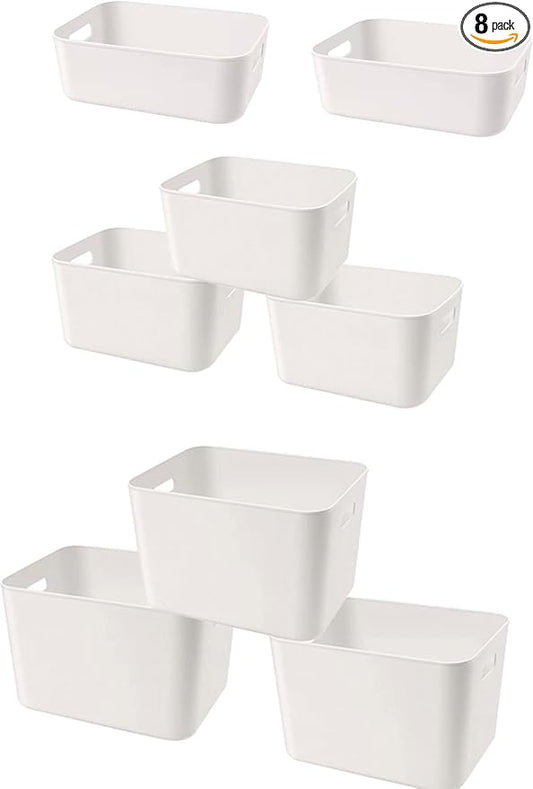 Set Of 8 Plastic Storage Bins,Versatile Kitchen Pantry Organization and Storage,for Plastic Storage Container Under Bed,Under Sink Bathroom Organizer (White, 8 Pack