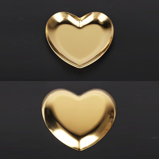 Stainless Steel Jewelry Tray, Heart Shaped Trinket Dish for Rings Earrings Necklaces Bracelet Watch Keys, Plate Tea Tray Fruit Tray Cosmetics Jewelry Organizer Box(Gold)