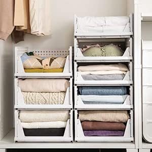Phyllia 4 Pack Closet Organizers Stackable Storage Bins, Plastic Collapsible Drawer Basket for Kitchen Cabinets, Pantry, Offices, Bedrooms, Bathrooms,White