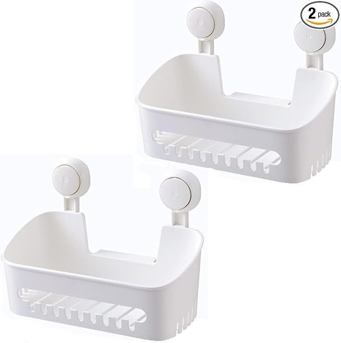 Double Plastic Shower Caddy Suction Cup Shower Organizer Basket Bath Shelf, Strong Suction Power Bathroom Caddies with Fence Hooks, Kitchen Rack, Waterproof, Reusable, for Shampoo, Gel