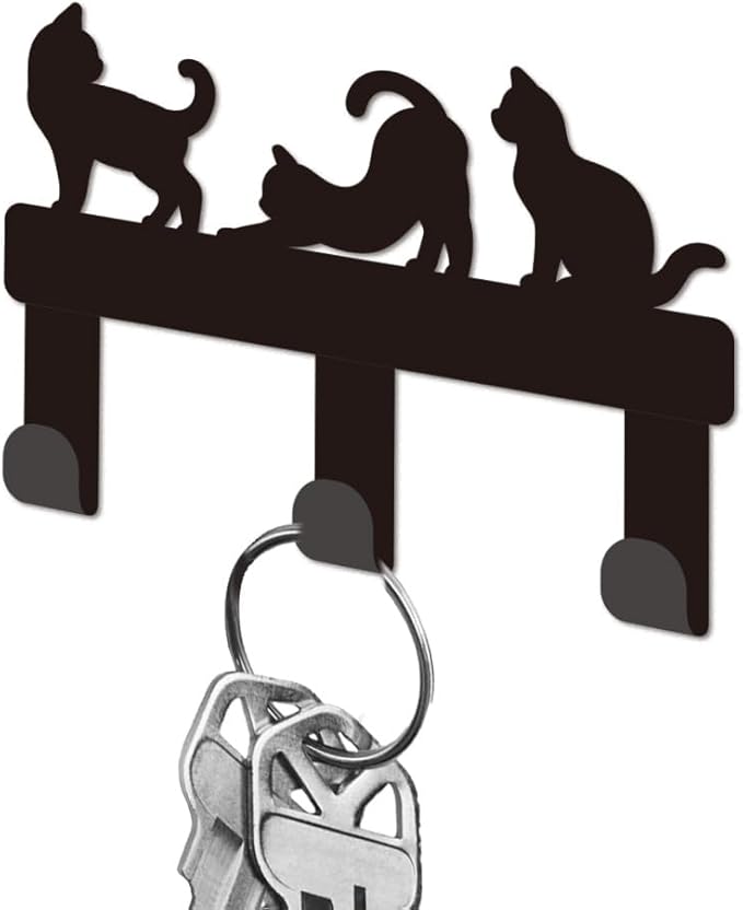 Cat Various Actions Metal Key Holder for Wall Mini Key Hook Organizer Rack Key Hangers Wall Decorative with 3 Hooks for Entryway Front Door Hallway Kitchen Office Bag Clothes Key Hanging