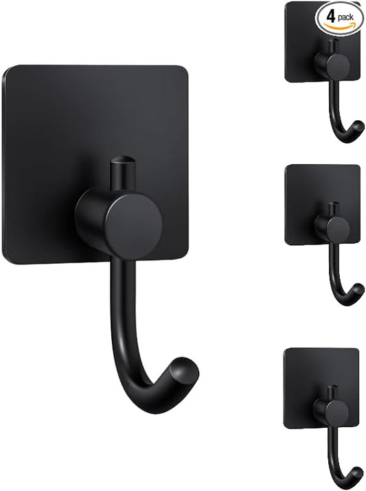 Adhesive Towel Hooks for Bathroom 4 Pack, Black Self Adhesive Hand Towel Holder for Hanging Towels, Lightweight Clothing, Perfect for Bathroom, Closet, Cabinet, and Behind Doors