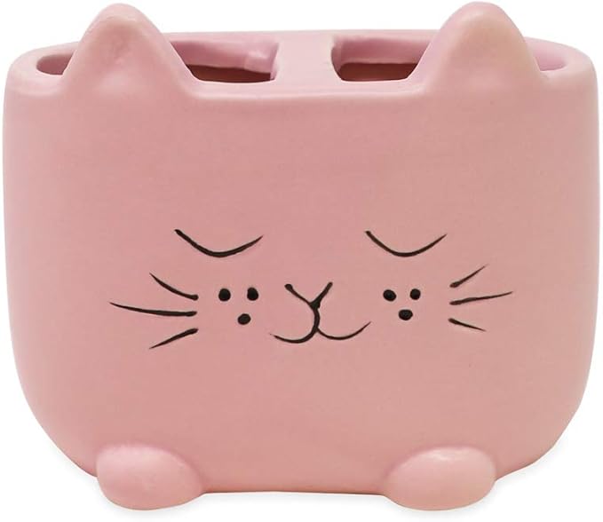 Isaac Jacobs Pink Ceramic Cat Makeup Brush Holder, Multi-Purpose 2-Section Organizer. Bathroom, Kitchen, Bedroom, Office Décor (2-Section Cup, Pastel Pink)
