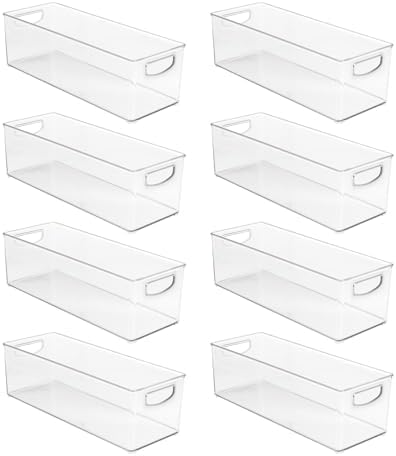 mDesign Plastic Bathroom Storage Container Bins w/ Handles - Closet, Cabinet, Vanity, Cupboard Shelf Organization, Hair Tools Accessory Organizer - Ligne Collection; Clear, 16x6x5 (Pack of 8)