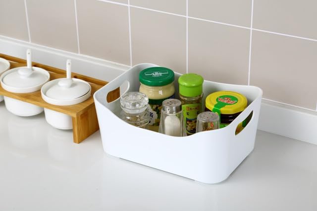 YBM HOME Storage Bins - Open Plastic Organizers and Storage Basket for Kitchen Pantry Organization, Under Sink Bathroom Storage, Toy Baskets, Food Storage Box Containers (Small - 2 Pack, White)