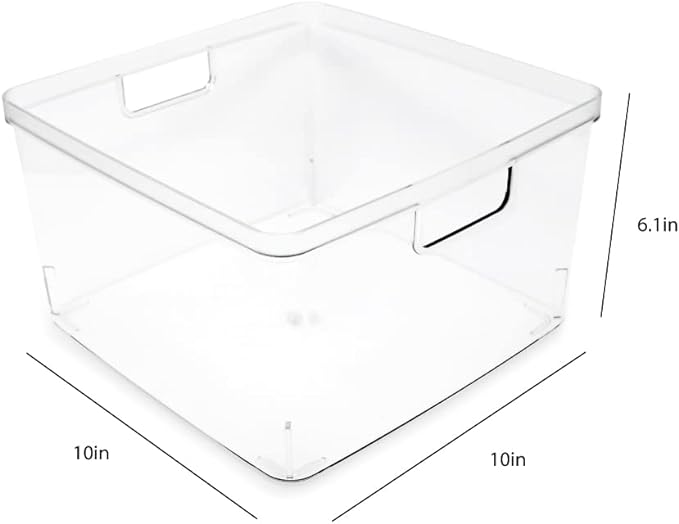 Isaac Jacobs 2-Pack Square Clear Storage Bins (10” L x 10” W x 6.1” H) w/Cutout Handles, Plastic Organizer for Home, Office, Kitchen, Fridge/Freezer, Bathroom, BPA Free, Food Safe (2-Pack, Square)