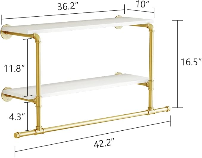 MAIKAILUN Gold Wall Mounted Clothes Rack with 2 Tier Shelves, 42" Long, Heavy Duty Iron and Wood Construction, Ideal for Clothes, Laundry Room