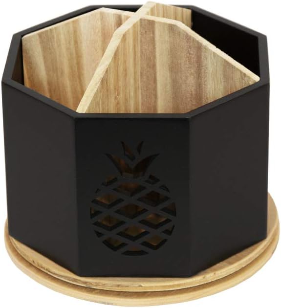 Spinning Desktop Stationary Organizer â Decorative Wooden Rotating Pen and Pencil Cup â 4 Compartment Black Desk and Table Top Office Supplies Station with Pineapple Cutout - by Designstyles