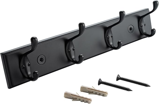HOME MASTER HARDWARE Coat Rack Wall Mount Black, MDF Wall Mounted Coat Hooks for Hanging Coats, 16" Hat Rack for Wall with 4 Hooks