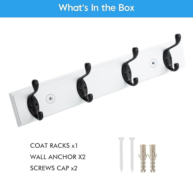 HOME MASTER HARDWARE Coat Rack Wall Mount White, MDF Wall Mounted Coat Hooks for Hanging Coats, 16" Hat Rack for Wall with 4 Matte Black Hooks
