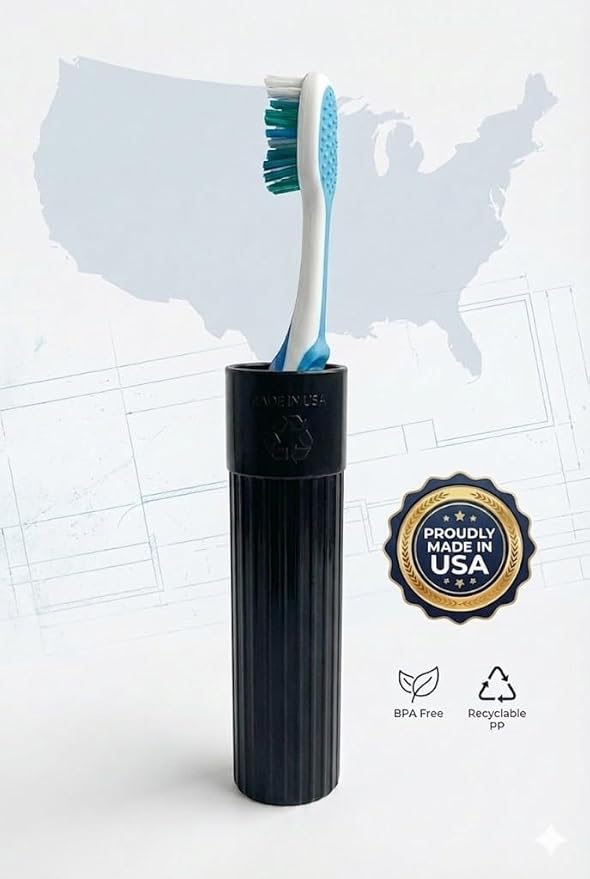 Toothbrush Holder - Black, Made in USA, with Ventilation Holes, for Toothbrush Covers, Toothbrush Holder, Toothbrush Soft, Durable Design, Hygienic Bathroom Accessory