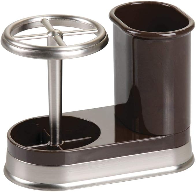 mDesign Decorative Bathroom Dental Storage Organizer Holder Stand for Electric Spin Toothbrush/Toothpaste - Compact Design for Countertop and Vanity, Holds 4 Standard Brushes - Dark Brown/Brushed