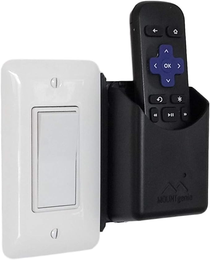 The No-Screwups Remote Control Holder by Mount Genie (Black): Wall Mount with No Damaging Screws or Tape. Installs in Seconds on Any Light Switch. Great for TV, Ceiling Fan and Roku Remotes.