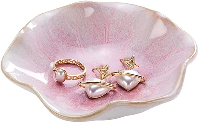 2PCS Lotus Leaf Shape Ring Holder Dish, Small Key Bowl, Ceramic Trinket Tray Jewelry Dish Organizing Necklace Earrings for Mom Friend Sister, All Jewelries Are NOT Included.Pink+Light Green.â¦