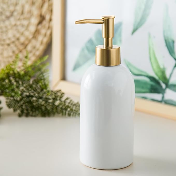 Ceramic Soap Dispenser White with Gold Pump,Simple Design Cylindrical Lotion Dispenser Bottle,Refillable Liquid Hand Soap Dispenser for Kitchen,Bathroom,Washroom