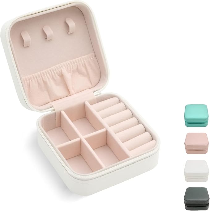 Mini Jewelry Travel Case, Small Portable Jewellry Organizer Box Portable Display Storage Box for Rings Earrings Necklaces, Gifts for Girl, Women, Wedding, Birthday,New Year,Christmas Gifts(White)