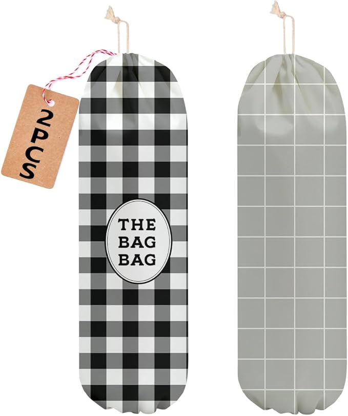 2 Pcs Black and White Checkered Plastic Bag Holder, Beige Grid Grocery Bag Holder for Plastic Bags, Reusable Grocery Bags Storage Dispenser for Home Kitchen Pantry Decor, Minimalist Gifts for Women
