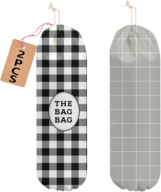 2 Pcs Black and White Checkered Plastic Bag Holder, Beige Grid Grocery Bag Holder for Plastic Bags, Reusable Grocery Bags Storage Dispenser for Home Kitchen Pantry Decor, Minimalist Gifts for Women
