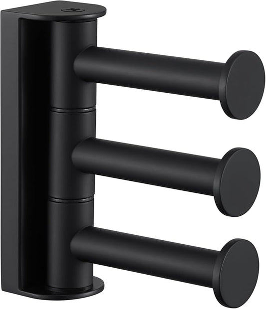 APLusee Swivel Towel Hook 3 Arms Matte Black, 304 Stainless Steel Foldable Coat Hanger Bathroom Robe Towel Hook, Wall Kitchen Storage Holder