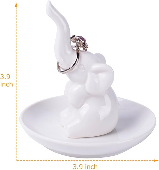 HOME SMILE Elephant Ring Dish Holder for Jewelry,Elephant Gifts for Women Chritsmas,Engagement Wedding Trinket Trays,Ceramic White