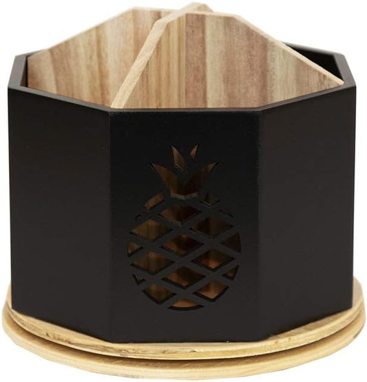 Spinning Desktop Stationary Organizer â Decorative Wooden Rotating Pen and Pencil Cup â 4 Compartment Black Desk and Table Top Office Supplies Station with Pineapple Cutout - by Designstyles