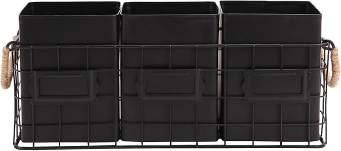 NIKKY HOME Farmhouse 3 Compartment Flatware Cutlery Caddy Countertop Silverware Holder for Spoons, Knives, Forks - Black