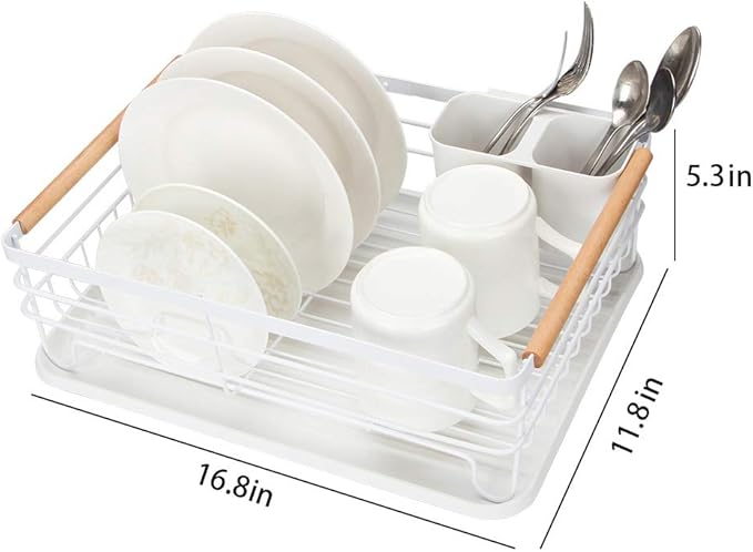 Modern Wood Handle Dish Rack and Drain Board, 16.5" x 12" x 5.5" Kitchen Plate Cup Dish Drying Rack Tray Cutlery Dish Drainer