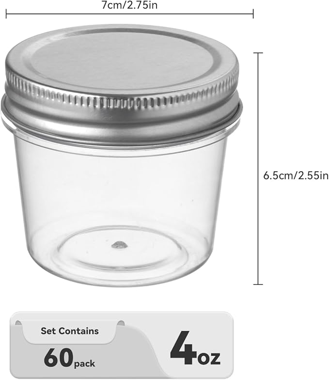 novelinks 4 oz Plastic Mason Jars with Lids, 60 Pack Small Containers with Lids 4oz, Slime Containers & Cake Jars & Small Spice Jars for Kitchen Organization (60 Pack,Silver)