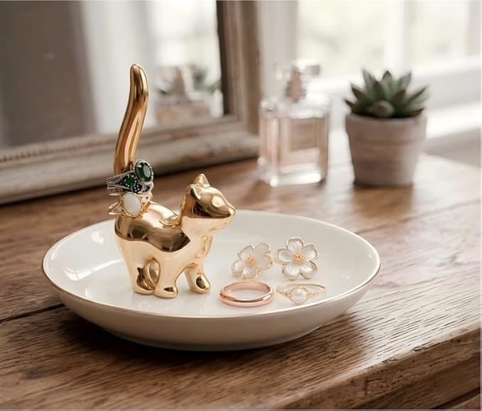 ROSA&ROSE Cat Ring Holder Jewelry Dish, Ceramic Trinket Tray with Gold Cat Ring Stand, Decorative Jewelry Organizer Plate for Rings Earrings Necklace, Vanity Tabletop Jewelry Storage