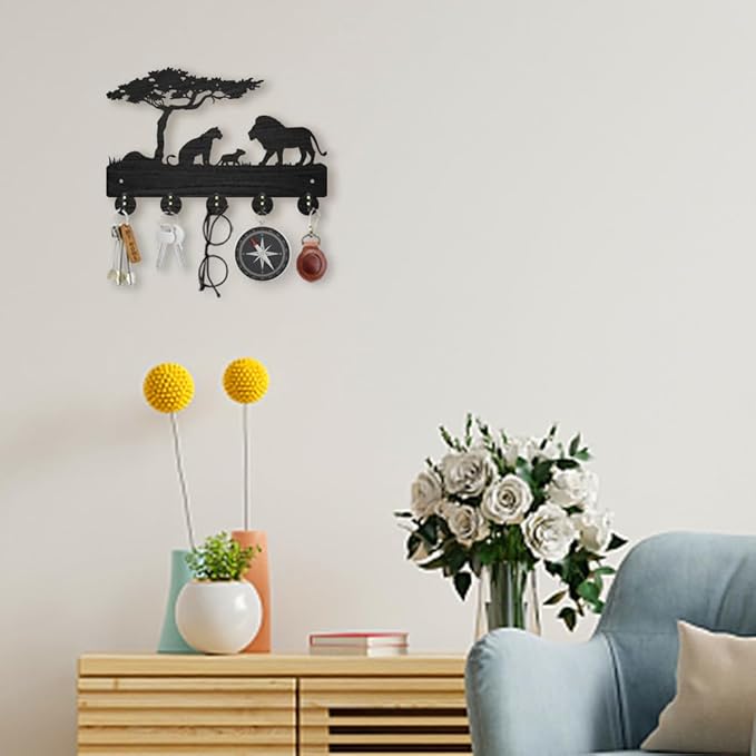 MAYJOYDIY Lion Prairie Tree Wooden Key Hooks Wall Mounted 11.8x7.9inch 5 Alloy Hooks Family Key Hanger Wildlife Animal Wall Art Decor Gift