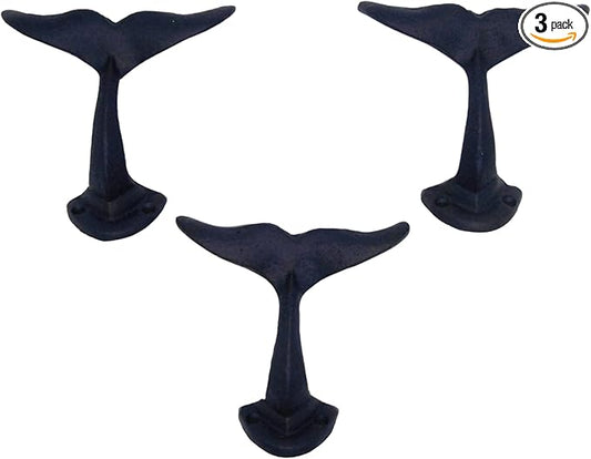Wowser Navy Blue Whale Tail Cast Iron Wall Hooks, Wall Mounted for Hanging Clothes & Accessories, Nautical Home & Office Decor, Set of 3, 4.75 Inches High