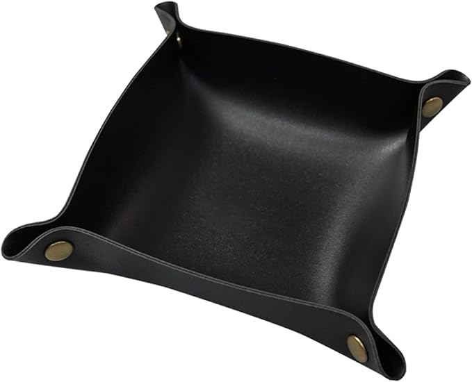 Valet Tray, Leather Tray, Small Catchall Tray, Foldable Jewelry Travel Organizer, Suitable for Travel, Storage, Nightstand, Home or Office (Black-S)