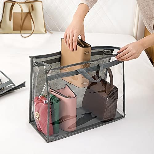 CINPIUK 4 Pack Handbag Dust Bags Clear Purse Storage Organizer for Closet, Zipper Hanging Storage Bag for Handbags, Grey