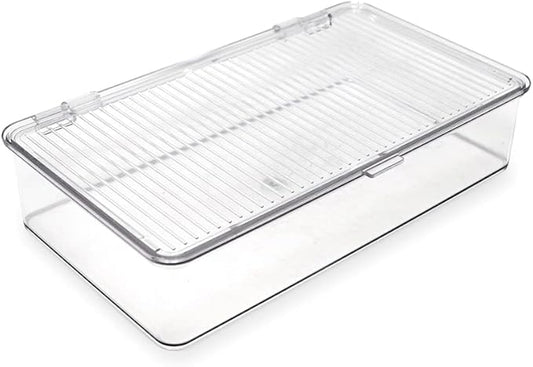 Isaac Jacobs Small Stackable Organizer Bin (10.75” x 6.5” x 2.4”) w Hinged Lid Clear Storage Box Home Office School Fridge Bathroom Kitchen Pantry Container BPAFree Food Safe (Small Clear)