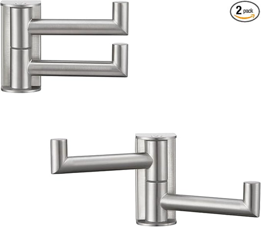 APLusee 2 Pack Swivel Coat Hooks Brushed Nickel, 304 Stainless Steel Foldable Bathroom Towel Hooks with 2 Rotating Arms, Wall Mounted