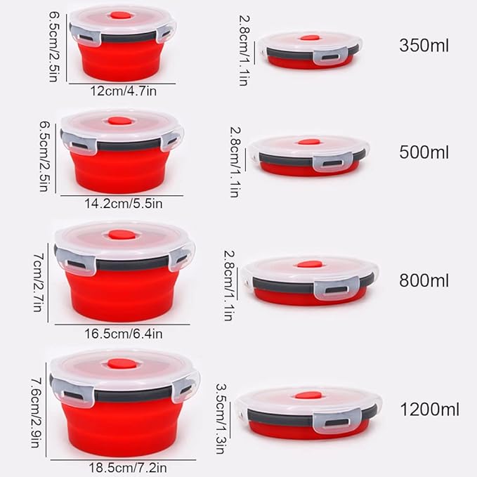 Guyuyii 4-Pack Silicone Collapsible Bowls with Lids - Round Nesting Food Storage Containers for Camping, RV & Office Lunch - Microwave Freezer Dishwasher Safe Foldable Set for Cereal, Soup & Leftovers