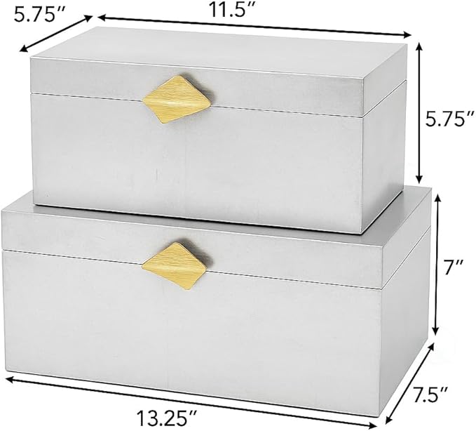 Vintiquewise Set of 2 Decorative Wooden Storage Boxes with Gold Accent – Boxes for Keys, Jewelry, Makeup, Accessories, Crafts, Gadgets, Home Office, Living Room, Bedroom & Entryway Décor, Silver
