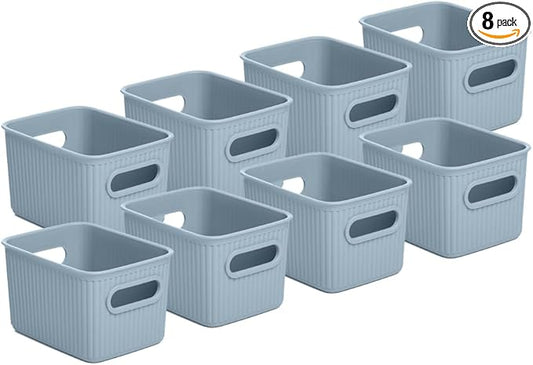 Superio Decorative Plastic Basket Open Home Storage Bins Organizer Baskets, Small, Blue (8 Pack) Container Boxes for Organizing Closet Storage Bins for Shelves Drawer Shelf, 1.5 Liter