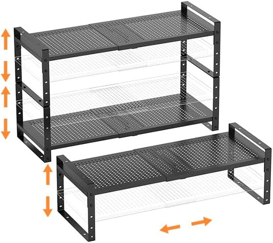 Multi-Functional Metal Shoe Rack,Expandable Adjustable Stackable Kitchen Organizer,Metal Shelf risers for cabinets, Kitchens and Closet, Bathroom(3Packs/Black/Large)