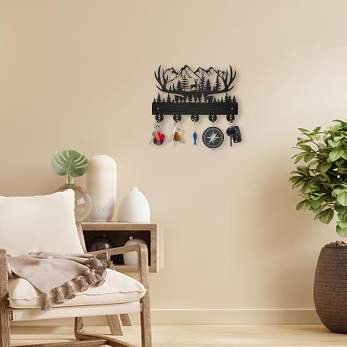 MAYJOYDIY Deer Antlers Key Holder for Wall, 11.8×7.9inch Christmas Decor, Forest Mountain Key Rack Hanger, 5 Alloy Hooks, Animal Theme for Living Room Hallway Office Gift