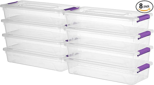 novelinks Clear Stackable Storage Bins with lid Storage Boxes Durable Plastic Organizer Containers for Home Office, Kitchen, Craft Supplies (4 Quart 8 Pack Purple)