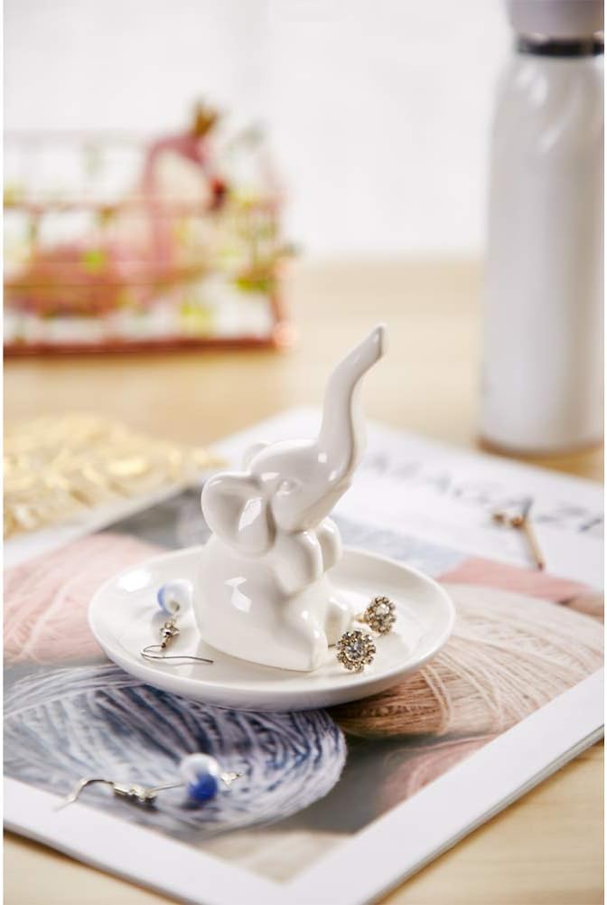 HOME SMILE Elephant Ring Dish Holder for Jewelry,Elephant Gifts for Women Chritsmas,Engagement Wedding Trinket Trays,Ceramic White
